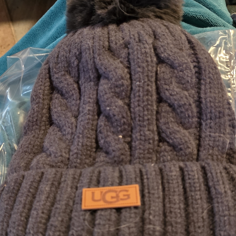 UGG Kids' Charcoal Cable Knit Beanie with Pom-Pom